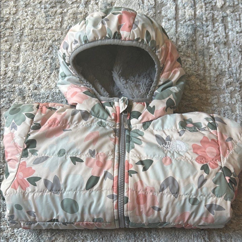The North Face Floral Hooded Puffer Jacket — Pastel Pink, Sage, Gray REVERSIBLE!